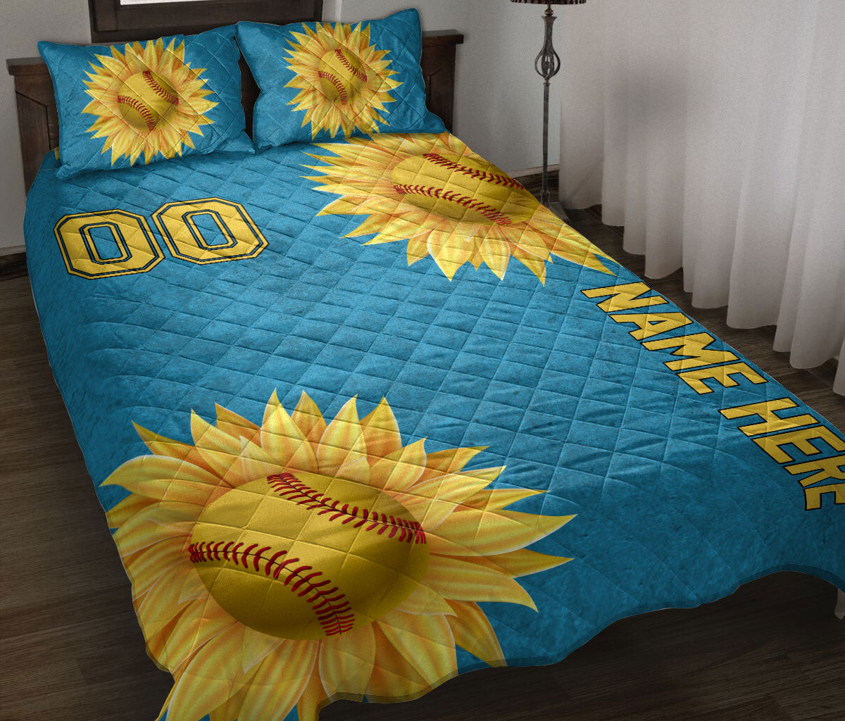 Ohaprints-Quilt-Bed-Set-Pillowcase-Softball-Ball-Sunflower-Sport-Lover-Turquoise-Custom-Personalized-Name-Number-Blanket-Bedspread-Bedding-3108-Throw (55'' x 60'')