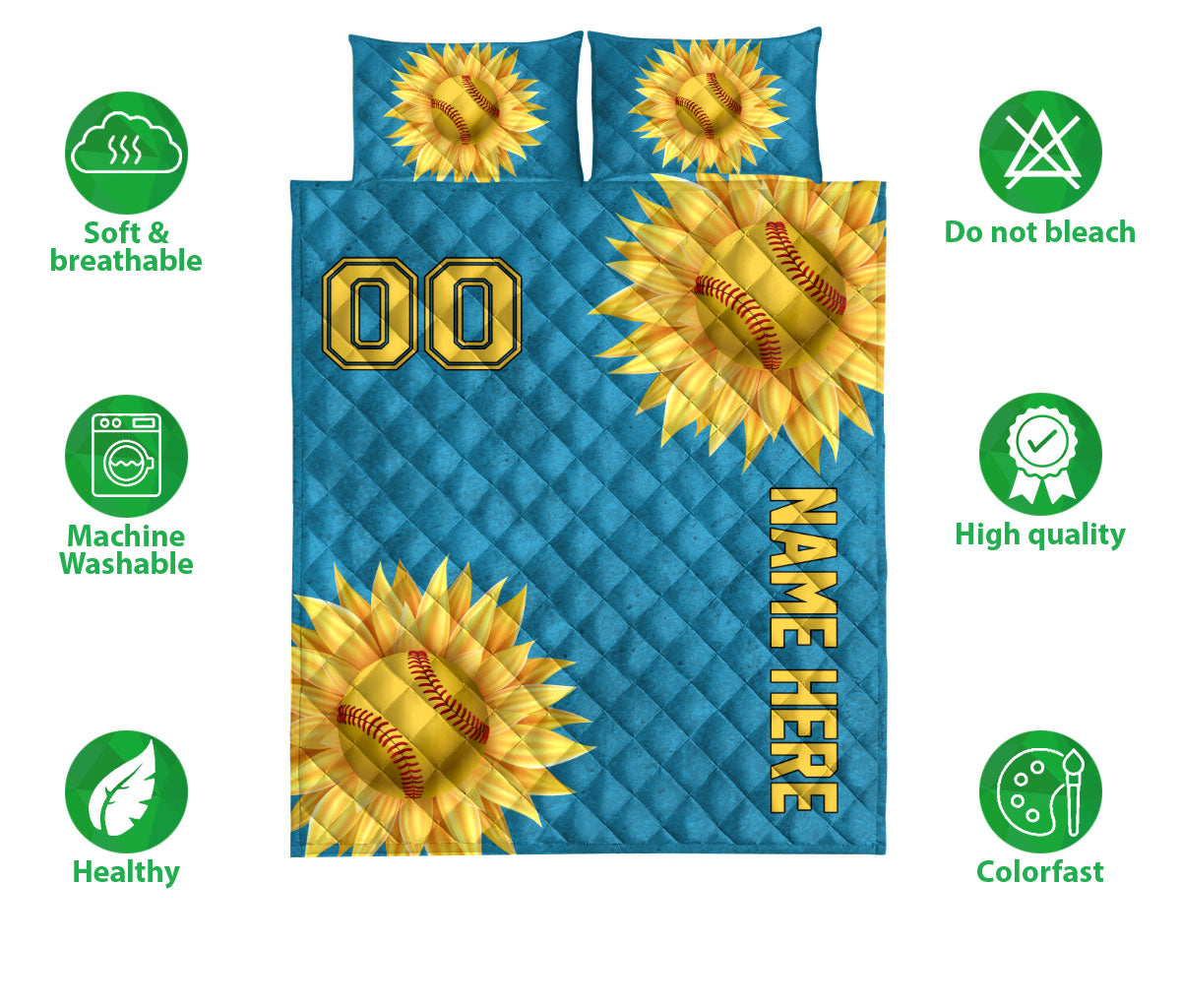 Ohaprints-Quilt-Bed-Set-Pillowcase-Softball-Ball-Sunflower-Sport-Lover-Turquoise-Custom-Personalized-Name-Number-Blanket-Bedspread-Bedding-3108-Double (70'' x 80'')