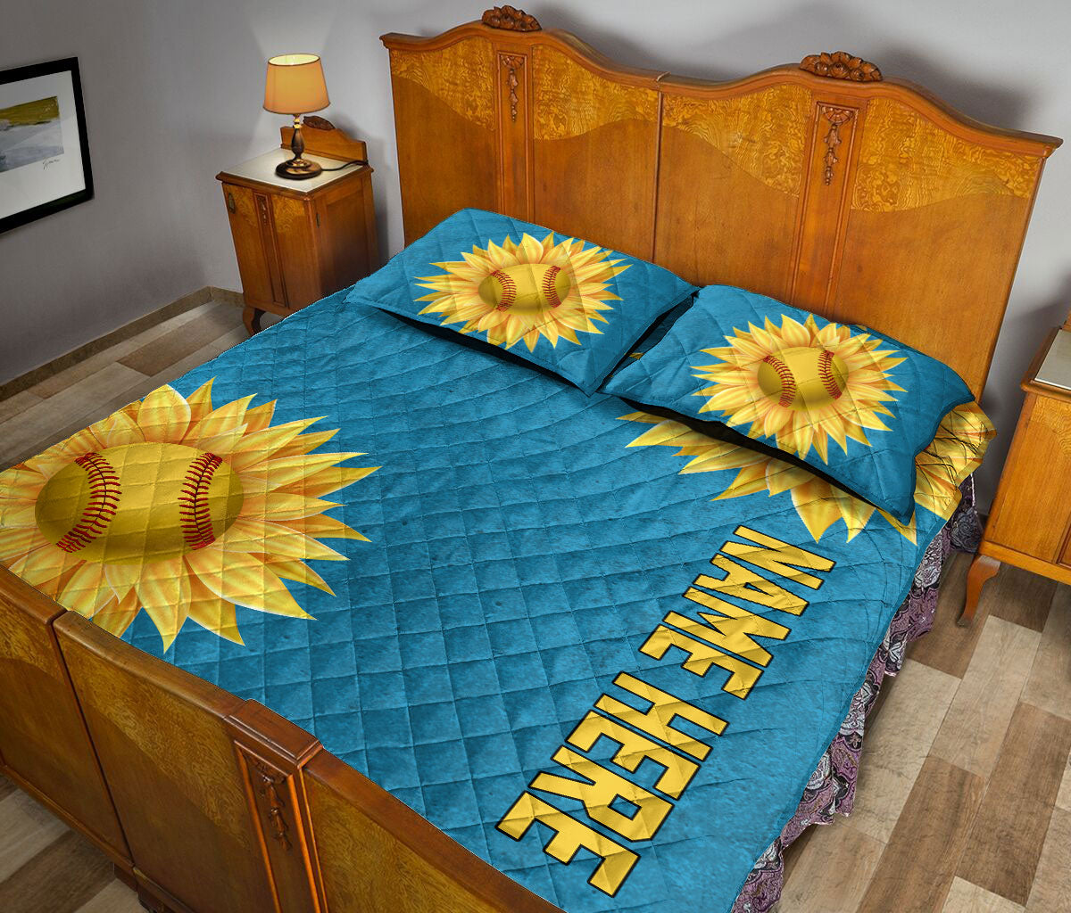 Ohaprints-Quilt-Bed-Set-Pillowcase-Softball-Ball-Sunflower-Sport-Lover-Turquoise-Custom-Personalized-Name-Number-Blanket-Bedspread-Bedding-3108-King (90'' x 100'')