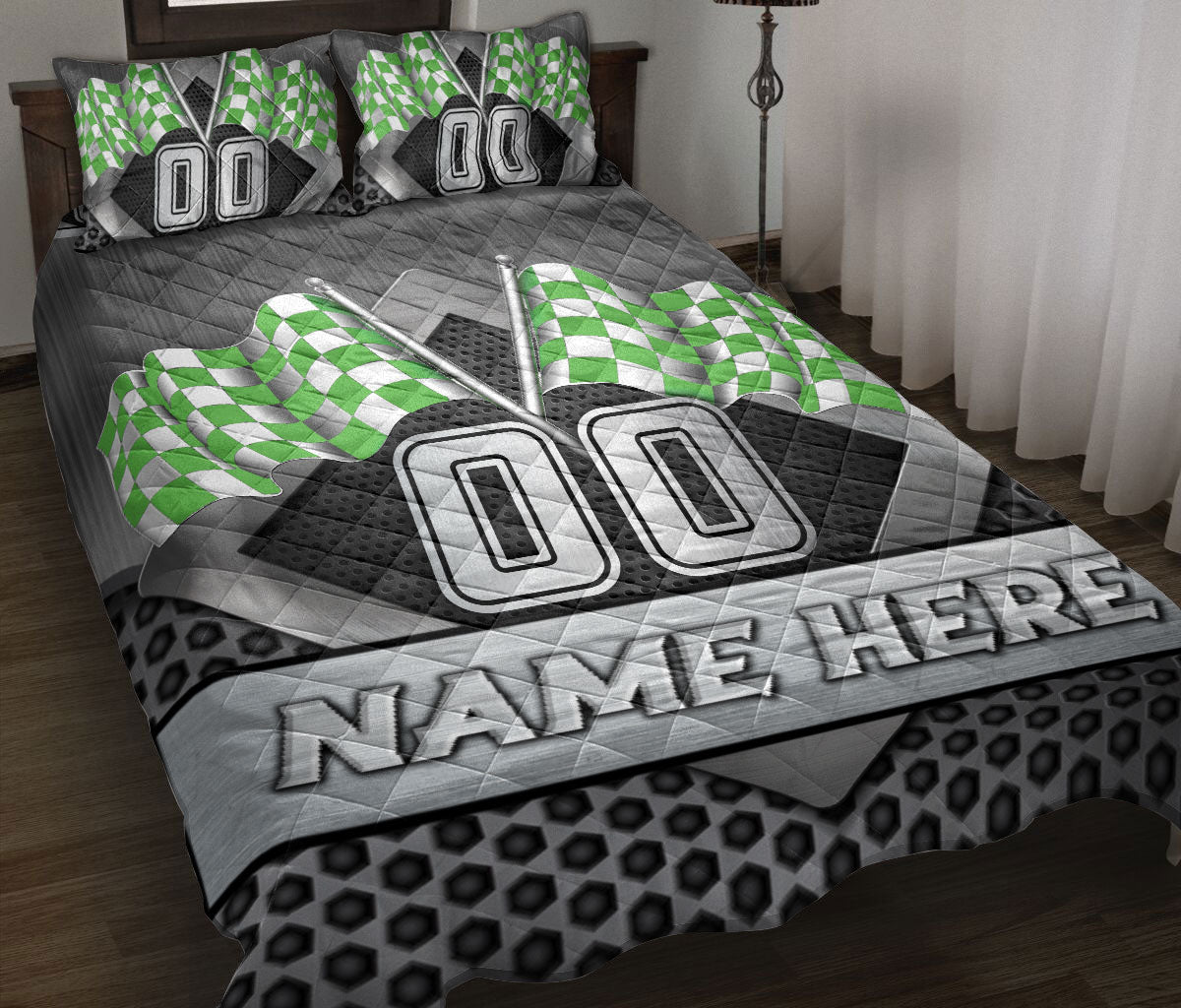 Ohaprints-Quilt-Bed-Set-Pillowcase-Racing-Checkered-Flag-Green-Sport-Custom-Personalized-Name-Number-Blanket-Bedspread-Bedding-3355-Throw (55'' x 60'')