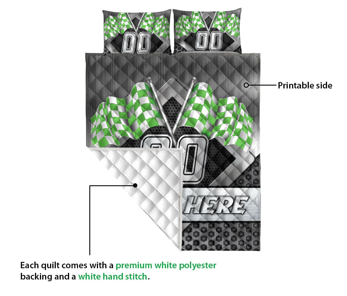 Ohaprints-Quilt-Bed-Set-Pillowcase-Racing-Checkered-Flag-Green-Sport-Custom-Personalized-Name-Number-Blanket-Bedspread-Bedding-3355-Queen (80'' x 90'')