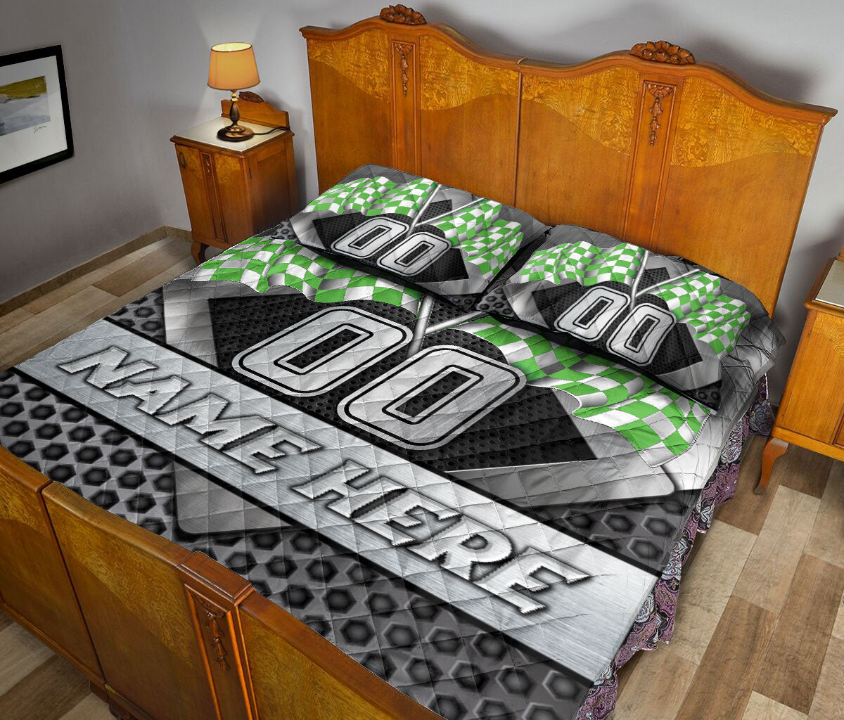 Ohaprints-Quilt-Bed-Set-Pillowcase-Racing-Checkered-Flag-Green-Sport-Custom-Personalized-Name-Number-Blanket-Bedspread-Bedding-3355-King (90'' x 100'')