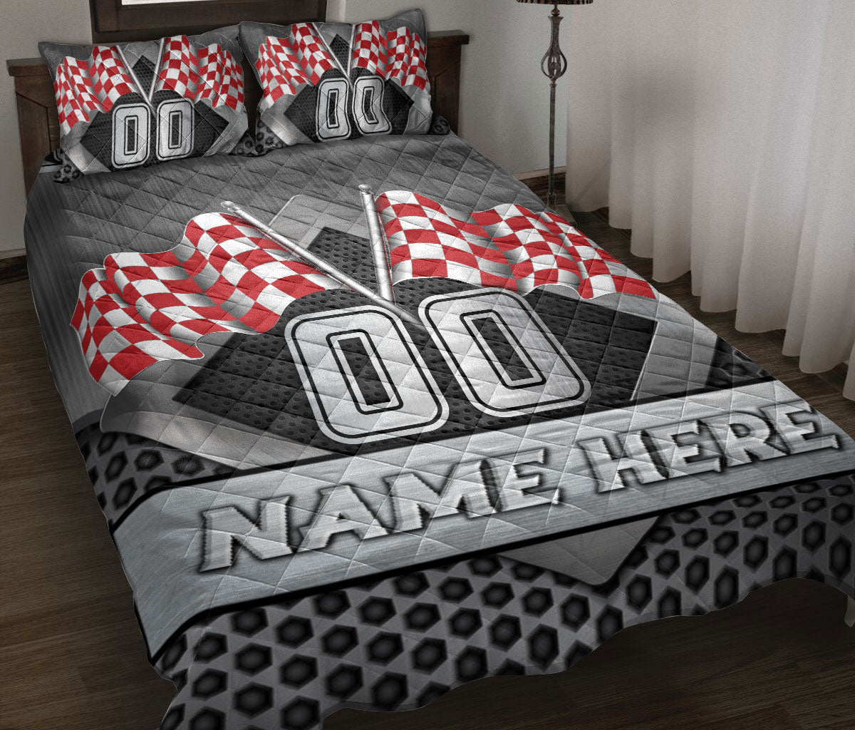 Ohaprints-Quilt-Bed-Set-Pillowcase-Racing-Red-Checkered-Flag-Sport-Custom-Personalized-Name-Number-Blanket-Bedspread-Bedding-3356-Throw (55'' x 60'')