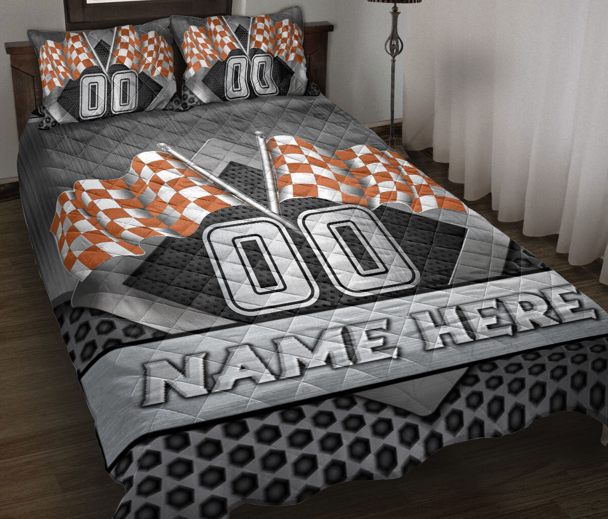 Ohaprints-Quilt-Bed-Set-Pillowcase-Racing-Orange-Checkered-Flag-Sport-Custom-Personalized-Name-Number-Blanket-Bedspread-Bedding-3358-Throw (55'' x 60'')