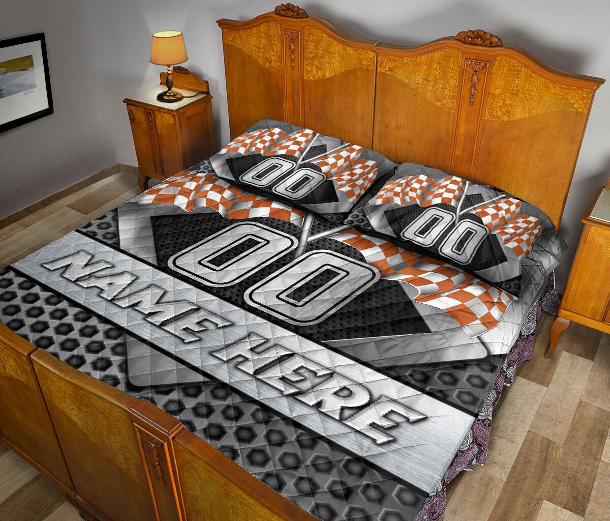 Ohaprints-Quilt-Bed-Set-Pillowcase-Racing-Orange-Checkered-Flag-Sport-Custom-Personalized-Name-Number-Blanket-Bedspread-Bedding-3358-King (90'' x 100'')