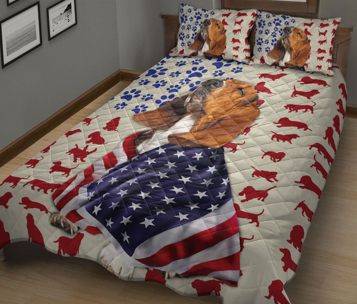 Ohaprints-Quilt-Bed-Set-Pillowcase-Basset-Hound-Patriotic-American-Flag-Pattern-Dog-Lover-Gift-Blanket-Bedspread-Bedding-1083-King (90'' x 100'')