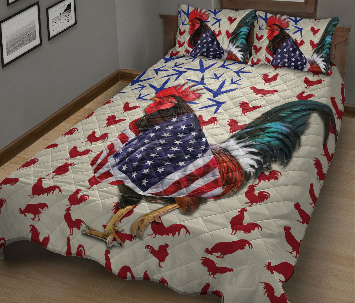 Ohaprints-Quilt-Bed-Set-Pillowcase-Chicken-Rooster-Patriotic-American-Flag-Pattern-Animal-Lover-Blanket-Bedspread-Bedding-3601-King (90'' x 100'')