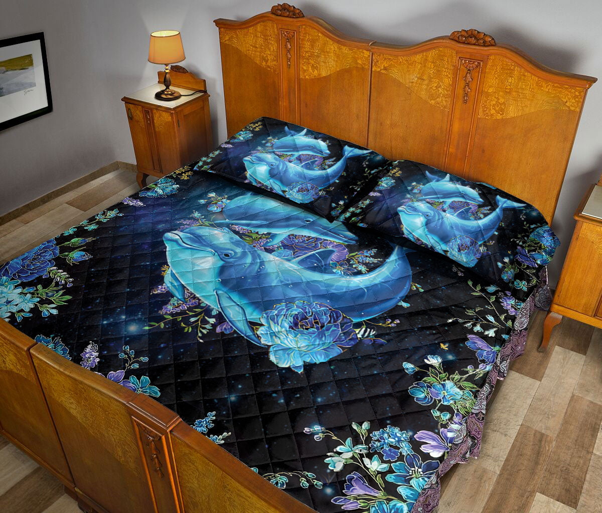 Ohaprints-Quilt-Bed-Set-Pillowcase-Dolphin-Blue-Floral-Pattern-Sea-Ocean-Animal-Lover-Unique-Gift-Blanket-Bedspread-Bedding-1209-Queen (80'' x 90'')