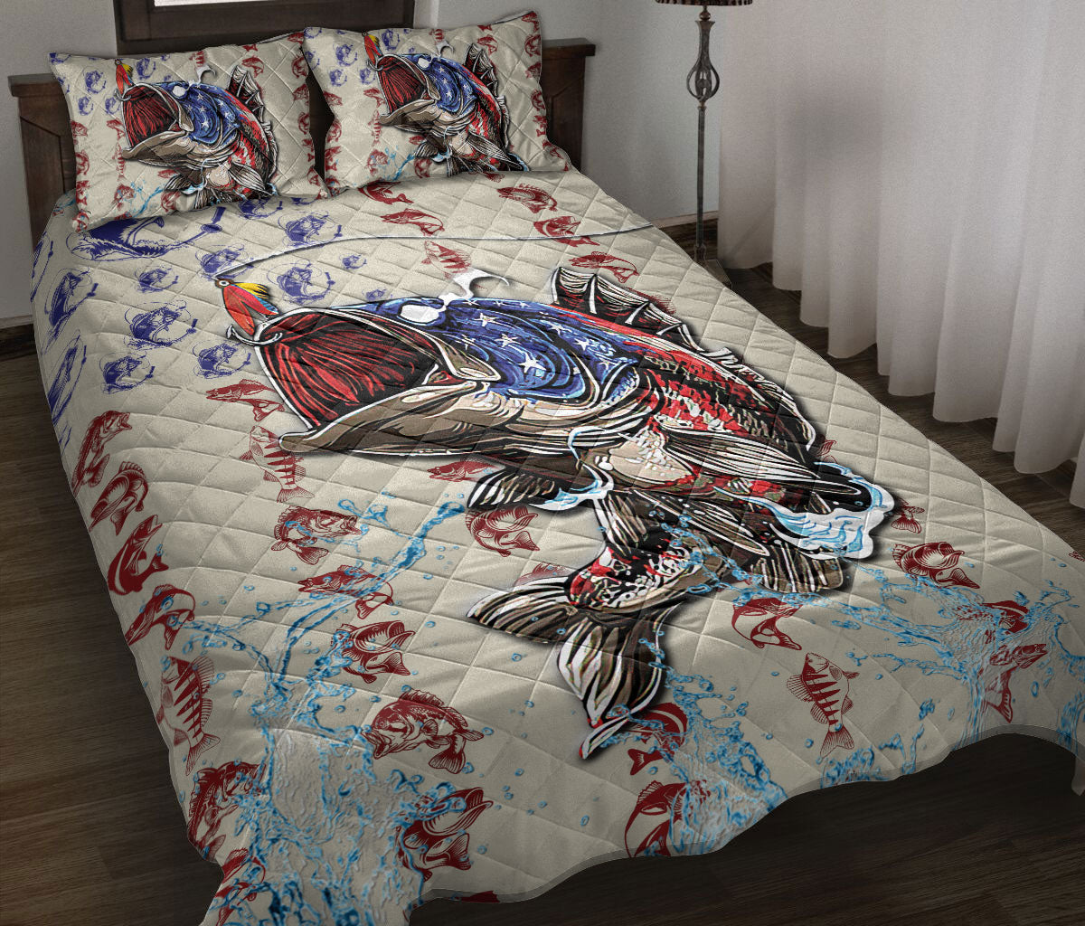 Ohaprints-Quilt-Bed-Set-Pillowcase-Fishing-Fisherman-Big-Bass-Fish-American-Flag-Pattern-Gift-Blanket-Bedspread-Bedding-2247-Throw (55'' x 60'')