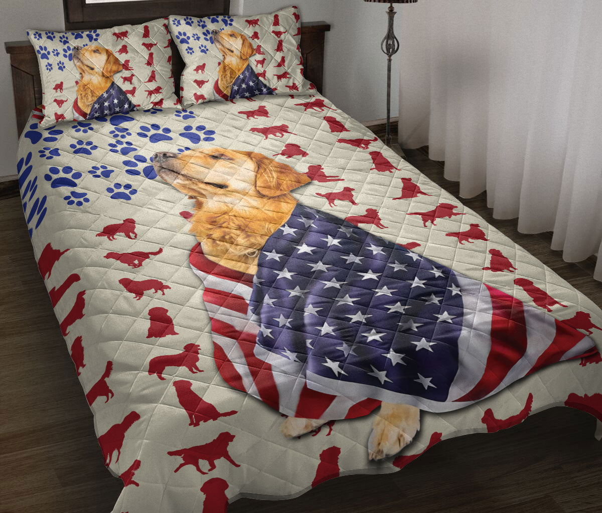 Ohaprints-Quilt-Bed-Set-Pillowcase-Golden-Retriever-Patriotic-American-Flag-Pattern-Dog-Lover-Gift-Blanket-Bedspread-Bedding-686-Throw (55'' x 60'')