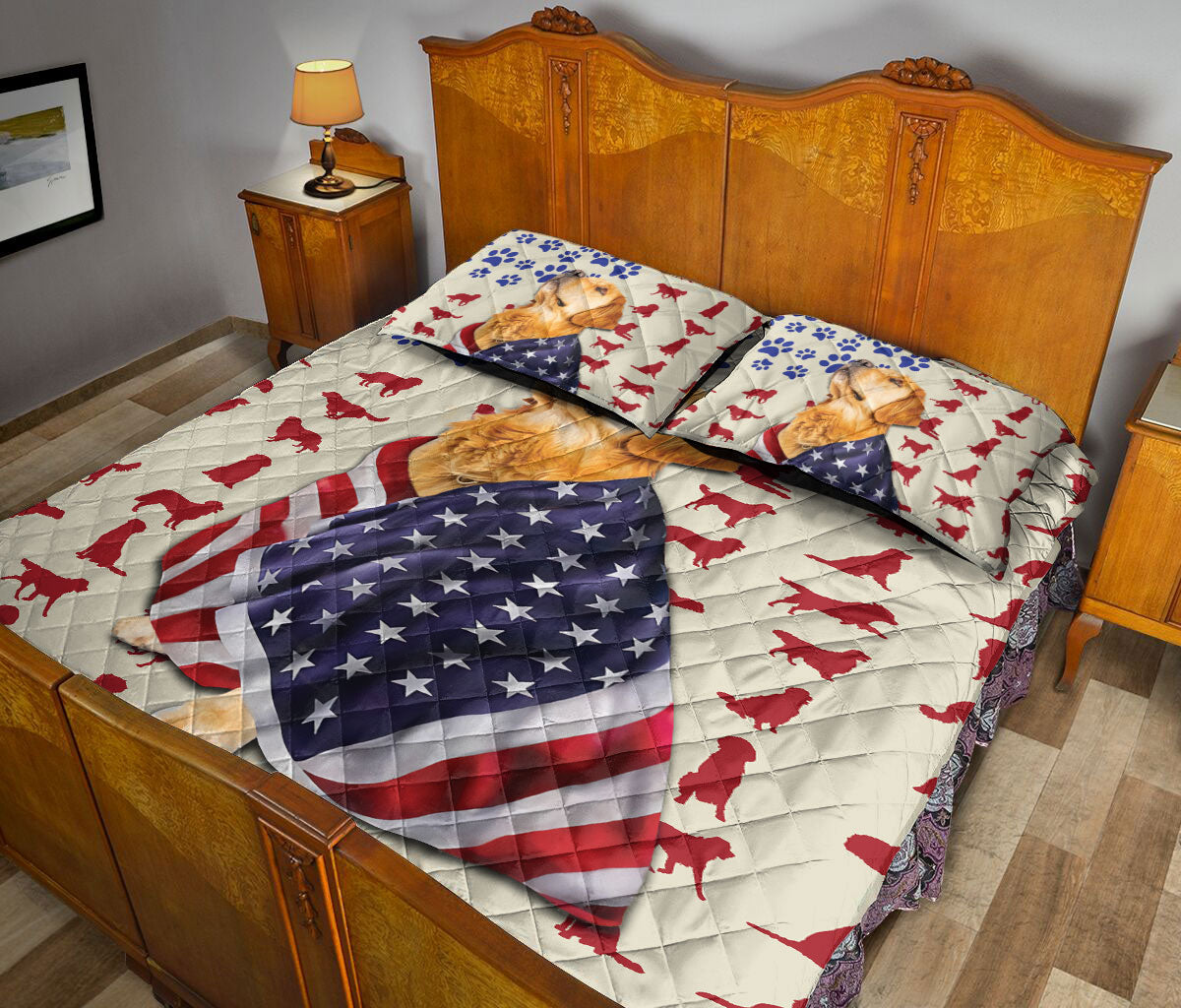 Ohaprints-Quilt-Bed-Set-Pillowcase-Golden-Retriever-Patriotic-American-Flag-Pattern-Dog-Lover-Gift-Blanket-Bedspread-Bedding-686-Queen (80'' x 90'')