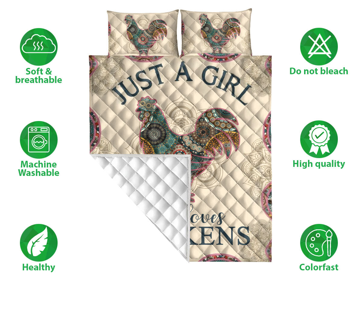 Ohaprints-Quilt-Bed-Set-Pillowcase-Just-A-Girl-Who-Loves-Chickens-Mandala-Pattern-Animal-Lover-Blanket-Bedspread-Bedding-3602-Double (70'' x 80'')