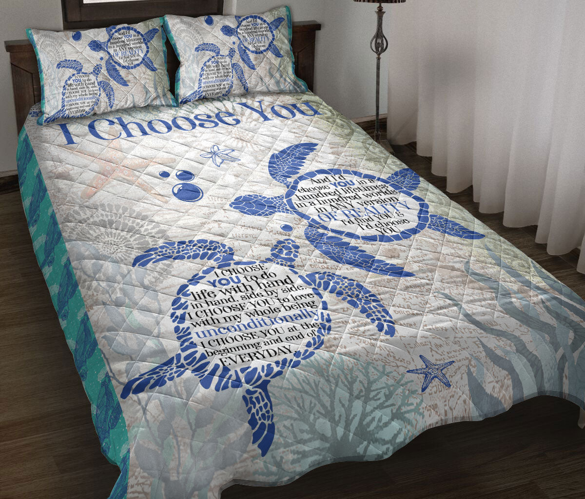 Ohaprints-Quilt-Bed-Set-Pillowcase-Turtle-I-Choose-You-Floral-Pattern-Lover-Couple-Unique-Gift-Blanket-Bedspread-Bedding-1835-Throw (55'' x 60'')