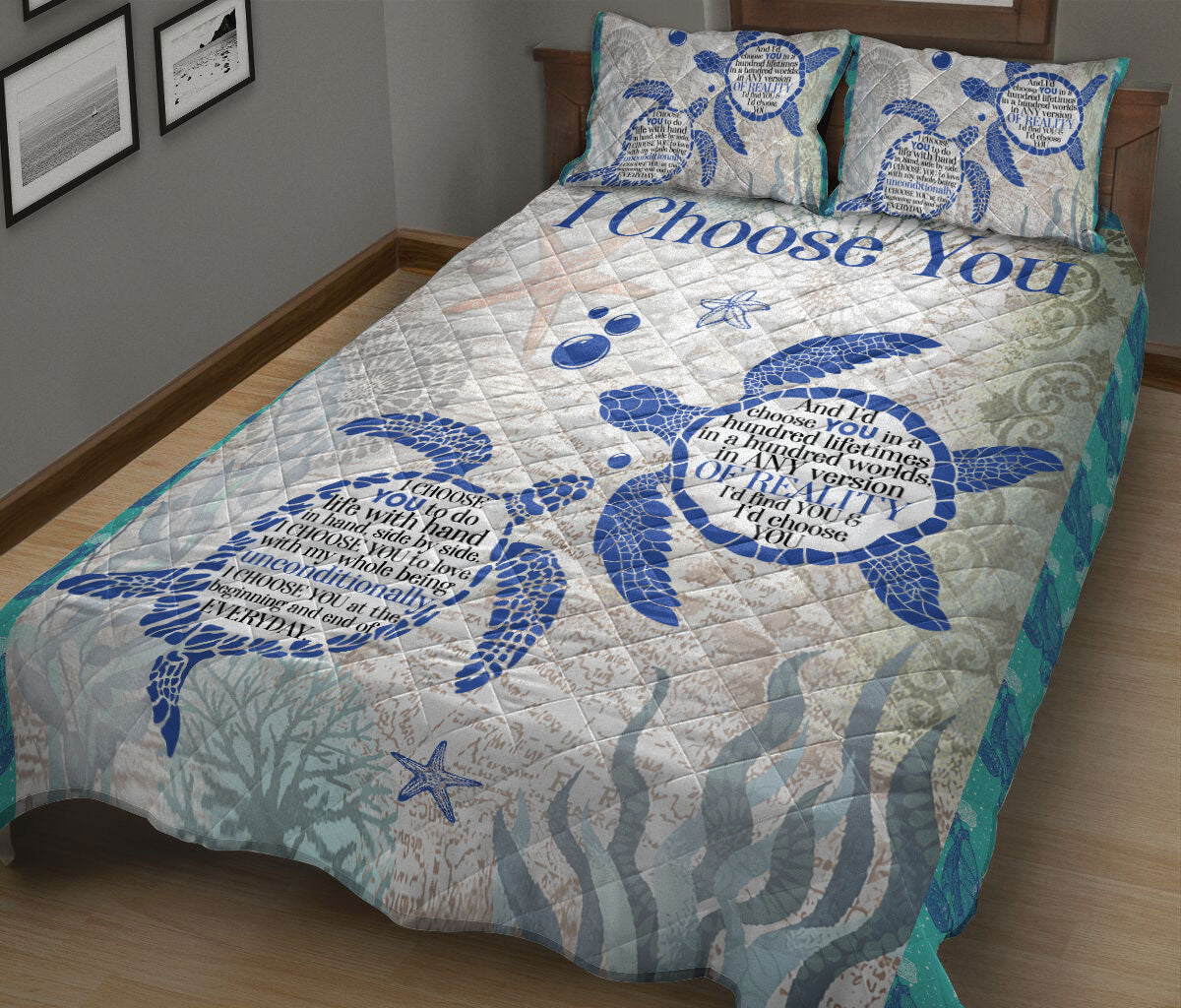 Ohaprints-Quilt-Bed-Set-Pillowcase-Turtle-I-Choose-You-Floral-Pattern-Lover-Couple-Unique-Gift-Blanket-Bedspread-Bedding-1835-King (90'' x 100'')