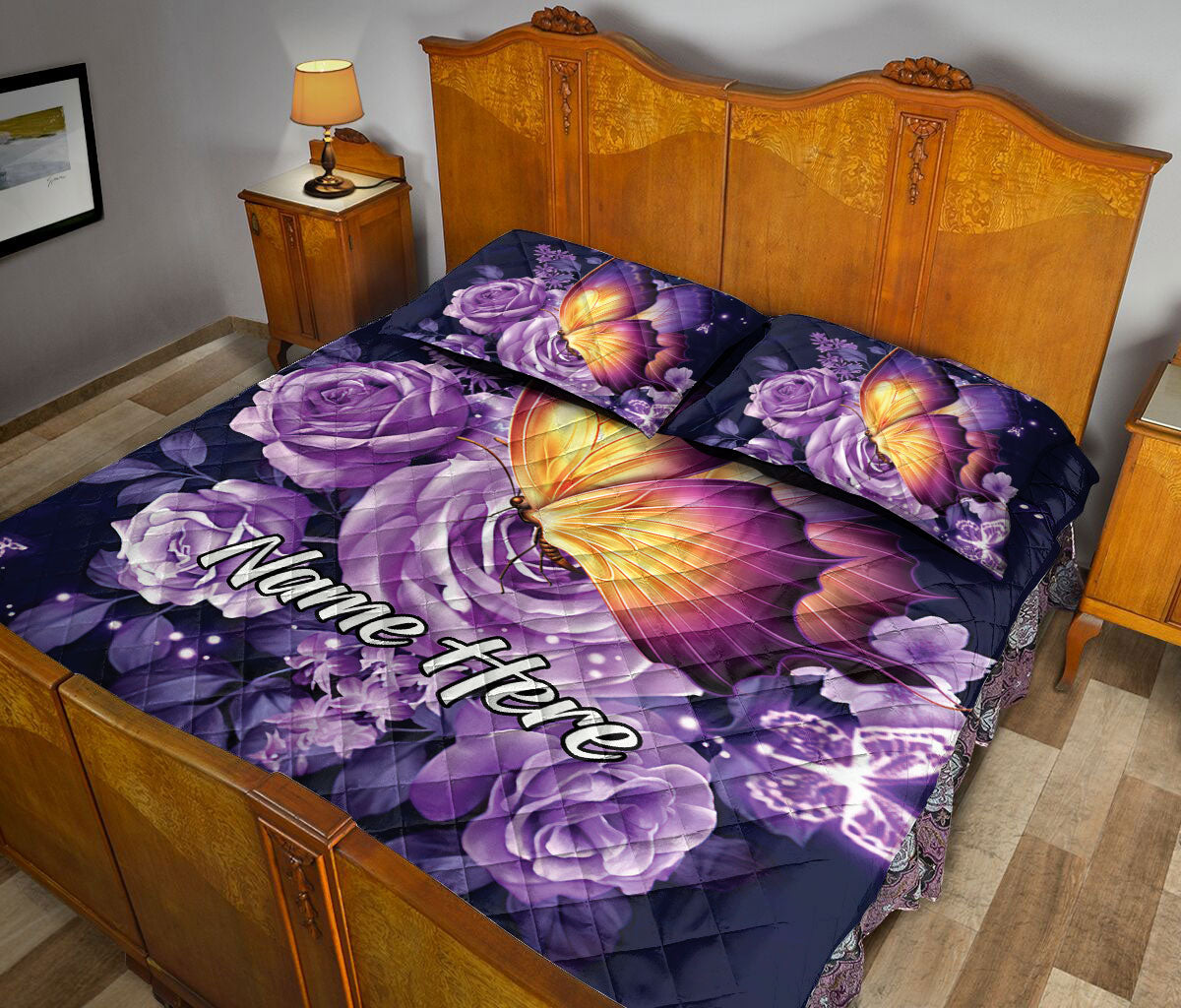 Ohaprints-Quilt-Bed-Set-Pillowcase-Beautiful-Purple-Butterfly-Floral-Pattern-Custom-Personalized-Name-Blanket-Bedspread-Bedding-2418-Queen (80'' x 90'')