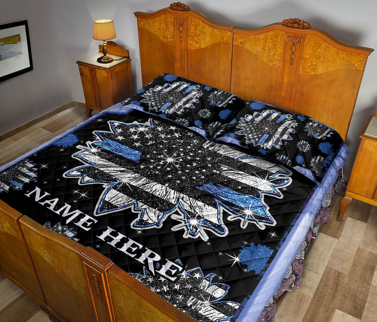 Ohaprints-Quilt-Bed-Set-Pillowcase-Police-Back-The-Blue-Thin-Blue-Line-Sunflower-Custom-Personalized-Name-Blanket-Bedspread-Bedding-1933-Queen (80'' x 90'')