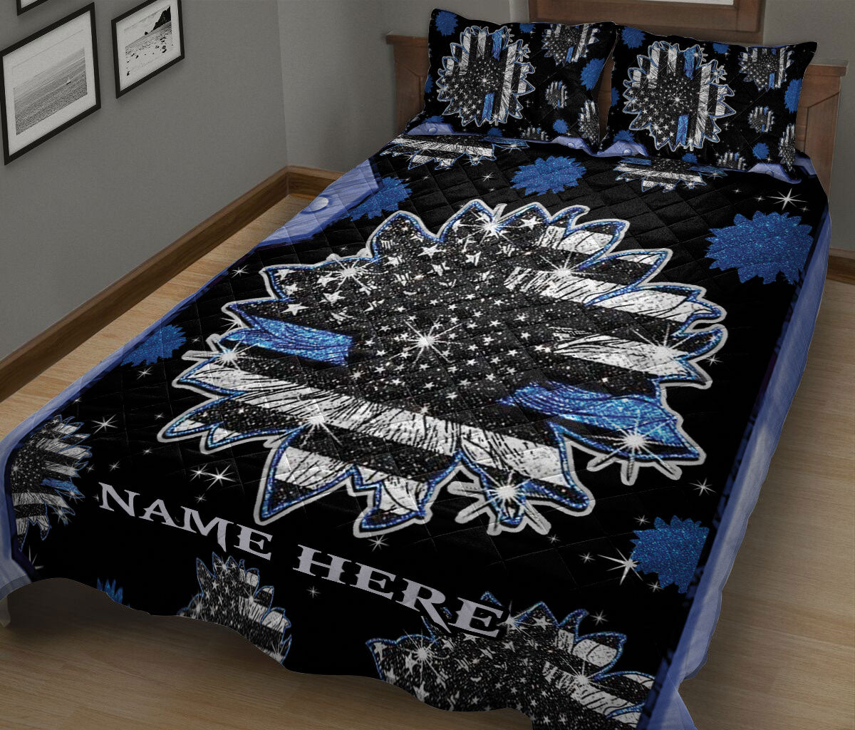 Ohaprints-Quilt-Bed-Set-Pillowcase-Police-Back-The-Blue-Thin-Blue-Line-Sunflower-Custom-Personalized-Name-Blanket-Bedspread-Bedding-1933-King (90'' x 100'')