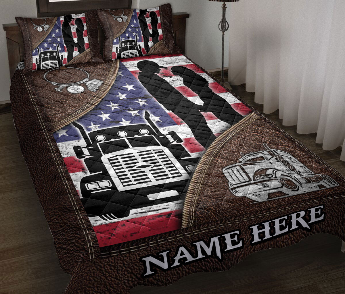 Ohaprints-Quilt-Bed-Set-Pillowcase-Truck-Trucker-Couple-American-Flag-Brown-Pattern-Custom-Personalized-Name-Blanket-Bedspread-Bedding-2524-Throw (55'' x 60'')