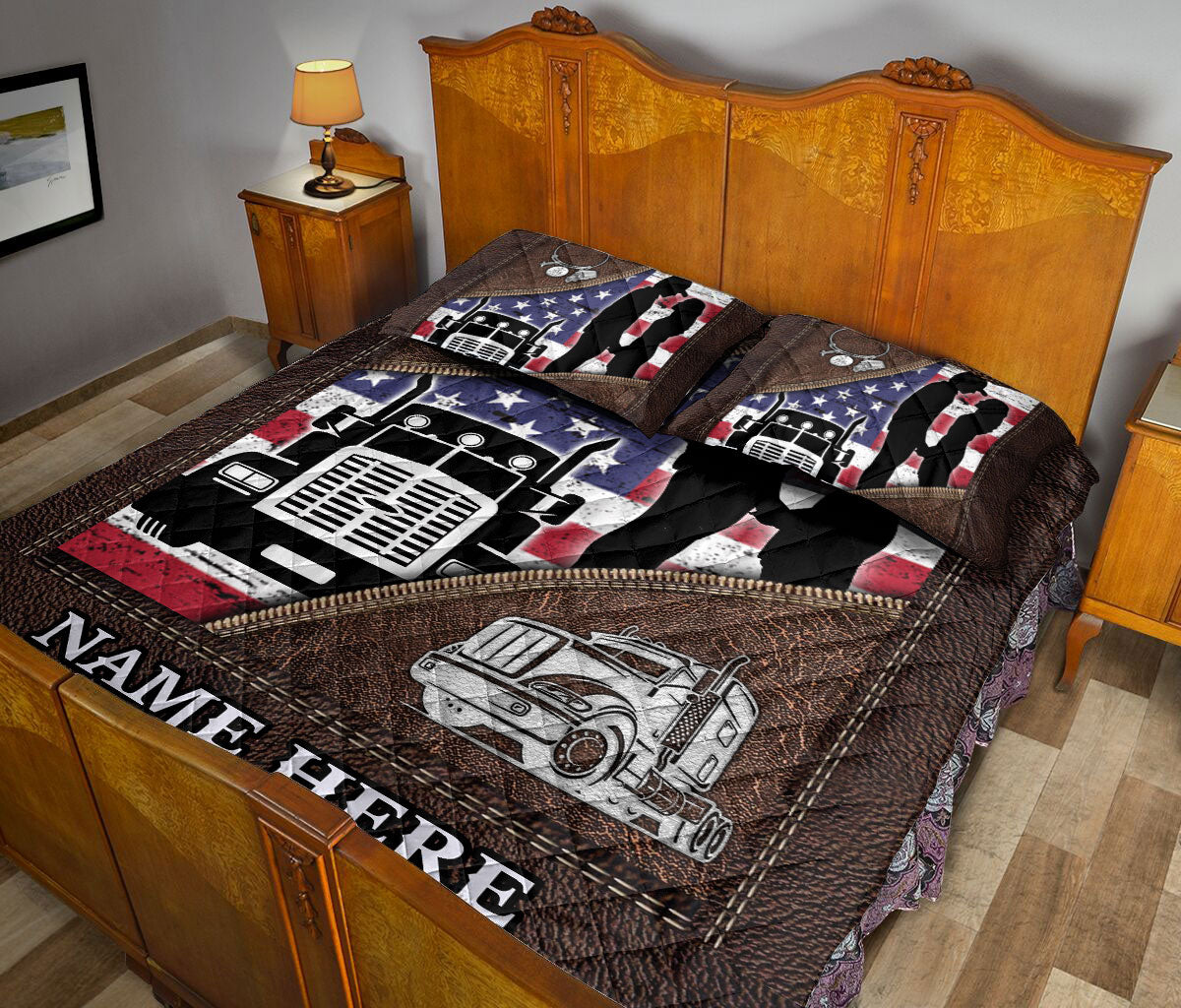 Ohaprints-Quilt-Bed-Set-Pillowcase-Truck-Trucker-Couple-American-Flag-Brown-Pattern-Custom-Personalized-Name-Blanket-Bedspread-Bedding-2524-Queen (80'' x 90'')