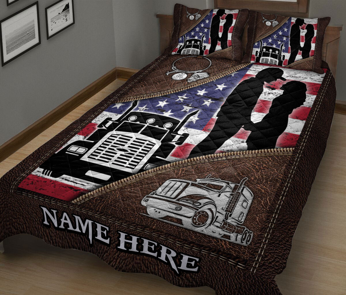 Ohaprints-Quilt-Bed-Set-Pillowcase-Truck-Trucker-Couple-American-Flag-Brown-Pattern-Custom-Personalized-Name-Blanket-Bedspread-Bedding-2524-King (90'' x 100'')