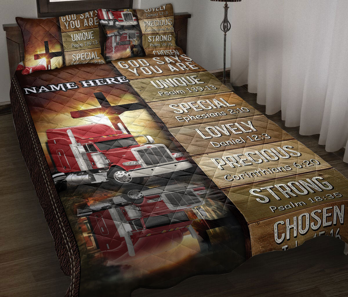 Ohaprints-Quilt-Bed-Set-Pillowcase-Red-Truck-God-Jesus-Cross-God-Says-You-Are-Brown-Custom-Personalized-Name-Blanket-Bedspread-Bedding-174-Throw (55'' x 60'')