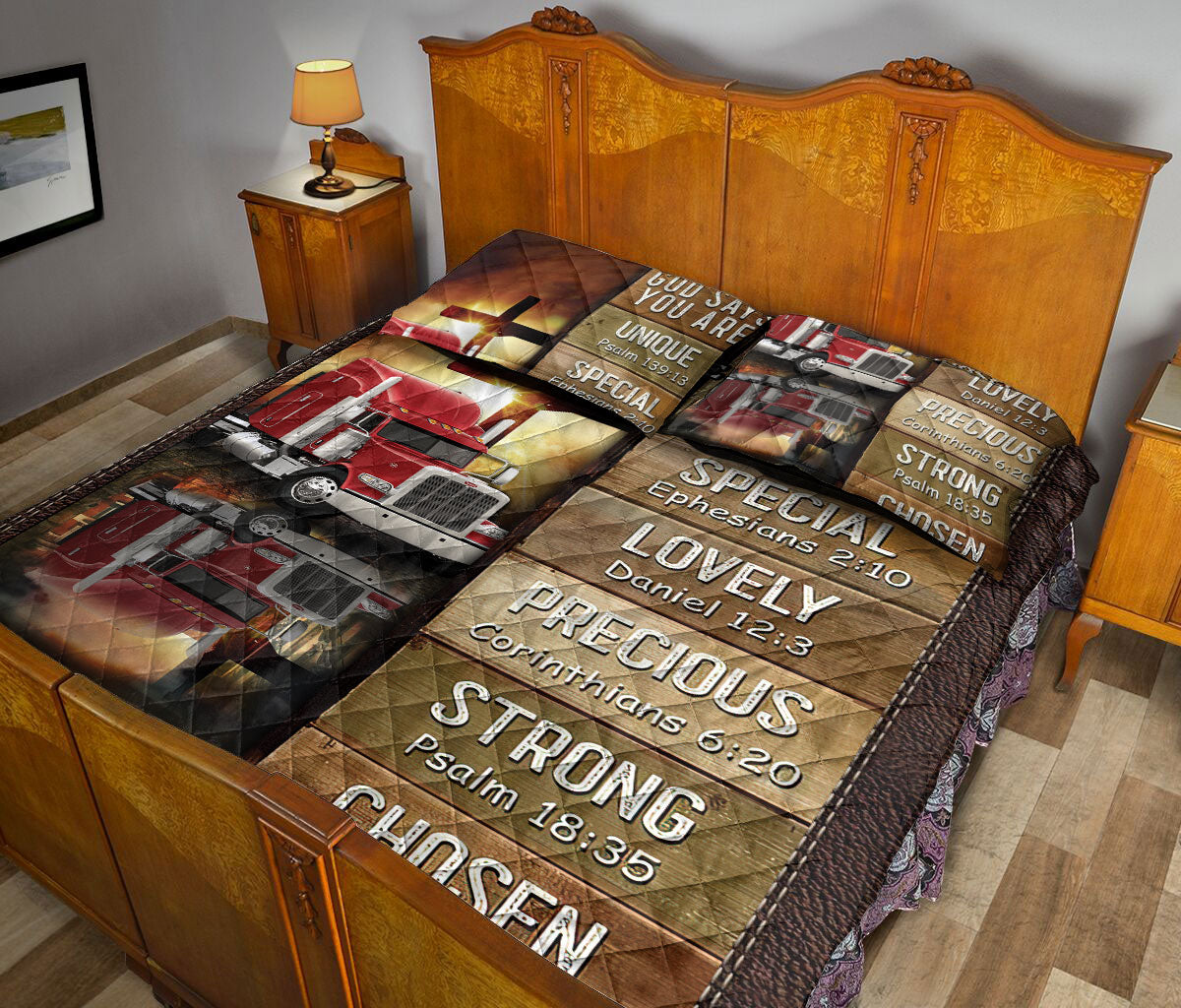 Ohaprints-Quilt-Bed-Set-Pillowcase-Red-Truck-God-Jesus-Cross-God-Says-You-Are-Brown-Custom-Personalized-Name-Blanket-Bedspread-Bedding-174-Queen (80'' x 90'')