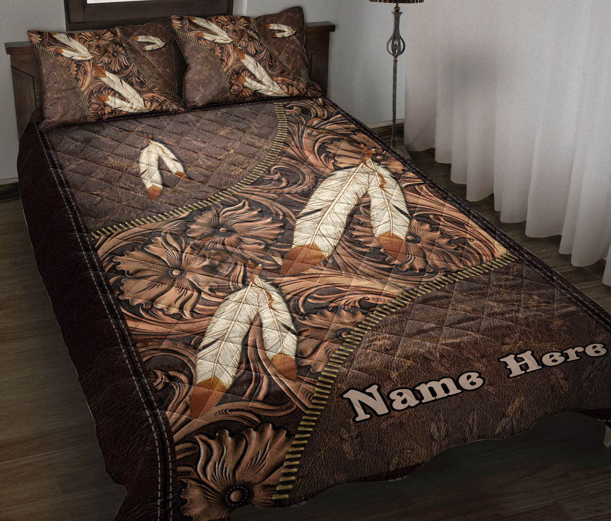 Ohaprints-Quilt-Bed-Set-Pillowcase-Native-American-Feather-Brown-Floral-Boho-Pattern-Custom-Personalized-Name-Blanket-Bedspread-Bedding-2488-Throw (55'' x 60'')