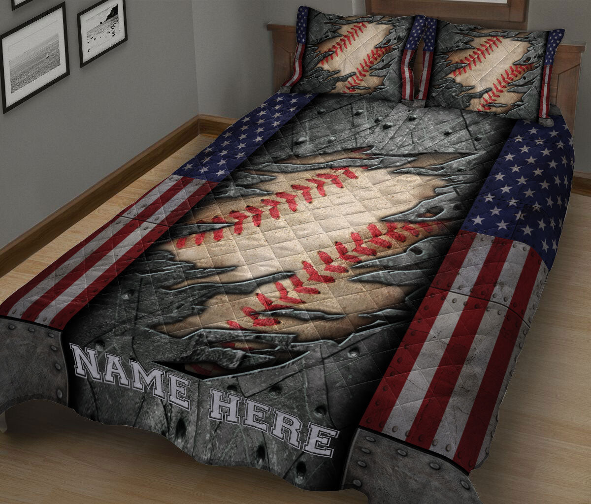 Ohaprints-Quilt-Bed-Set-Pillowcase-Baseball-Sports-Ball-American-Flag-Crack-Pattern-Custom-Personalized-Name-Blanket-Bedspread-Bedding-3039-King (90'' x 100'')