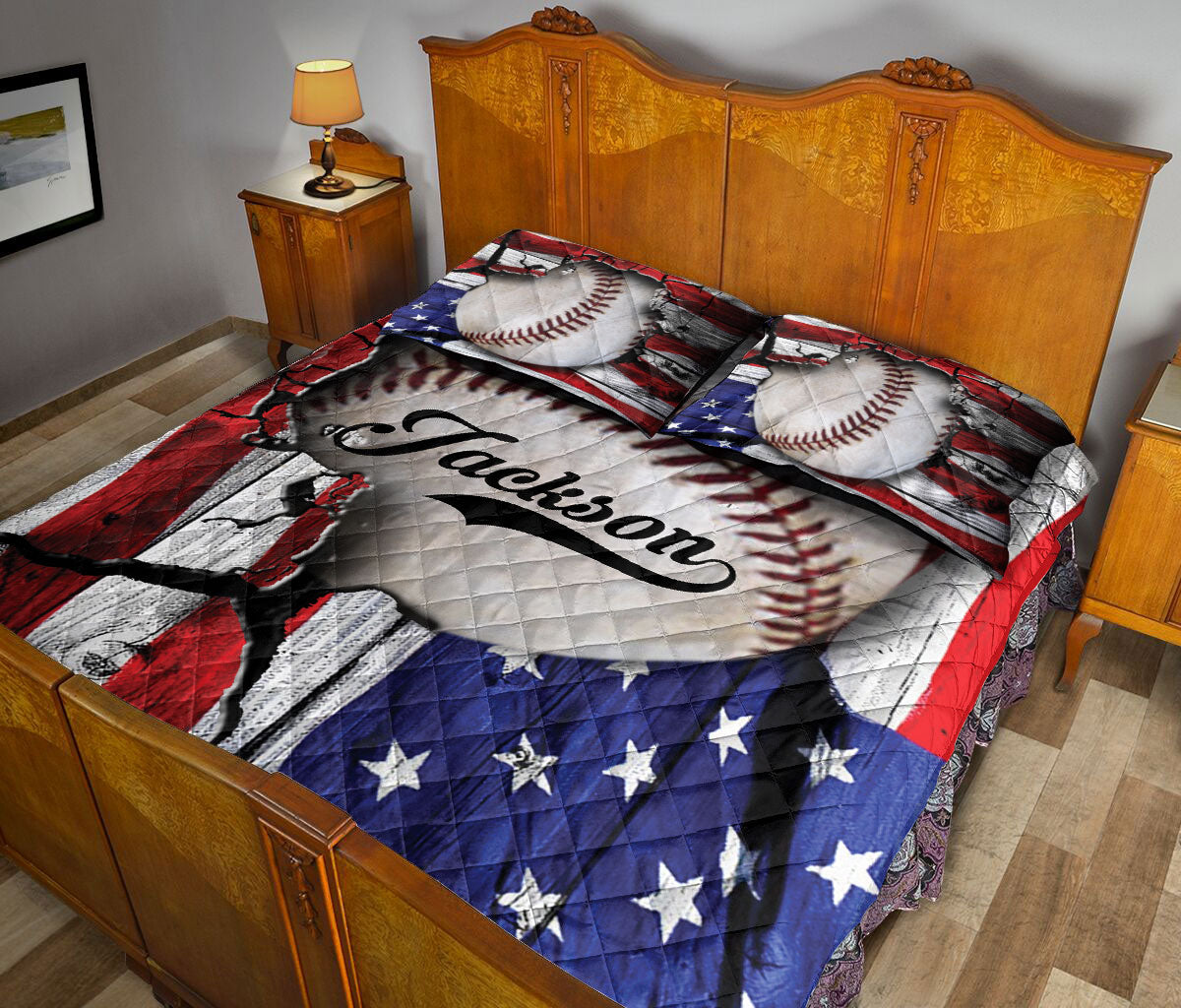 Ohaprints-Quilt-Bed-Set-Pillowcase-Baseball-Ball-Sports-American-Flag-Crack-Pattern-Custom-Personalized-Name-Blanket-Bedspread-Bedding-727-Queen (80'' x 90'')