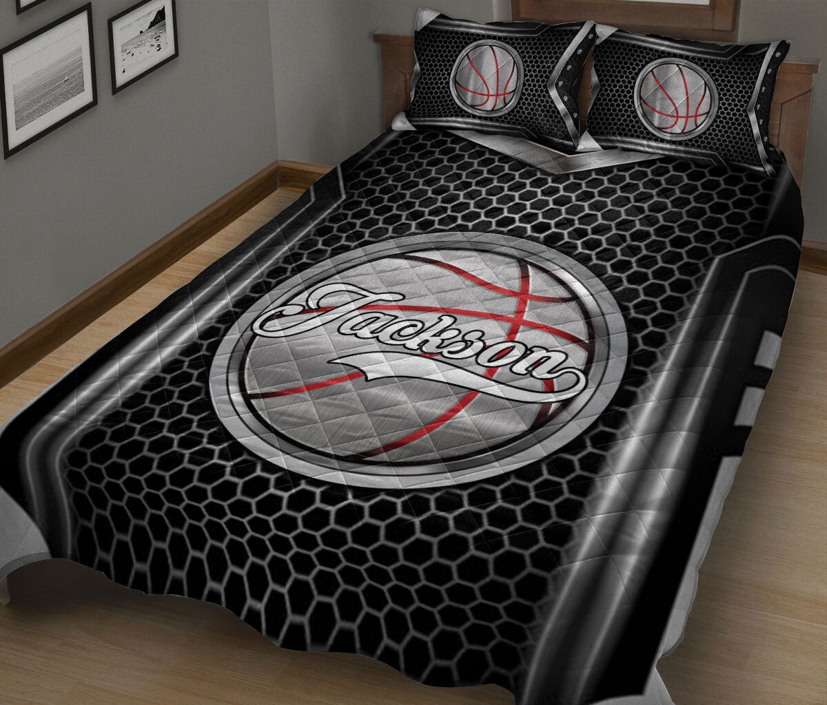Ohaprints-Quilt-Bed-Set-Pillowcase-Basketball-Ball-Gift-For-Sport-Lover-B&W-Pattern-Custom-Personalized-Name-Blanket-Bedspread-Bedding-176-King (90'' x 100'')