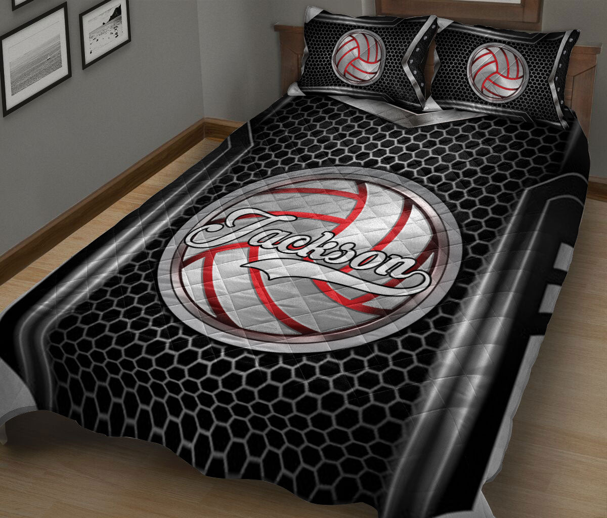 Ohaprints-Quilt-Bed-Set-Pillowcase-Volleyball-Ball-Gift-For-Sport-Lover-B&W-Pattern-Custom-Personalized-Name-Blanket-Bedspread-Bedding-769-King (90'' x 100'')