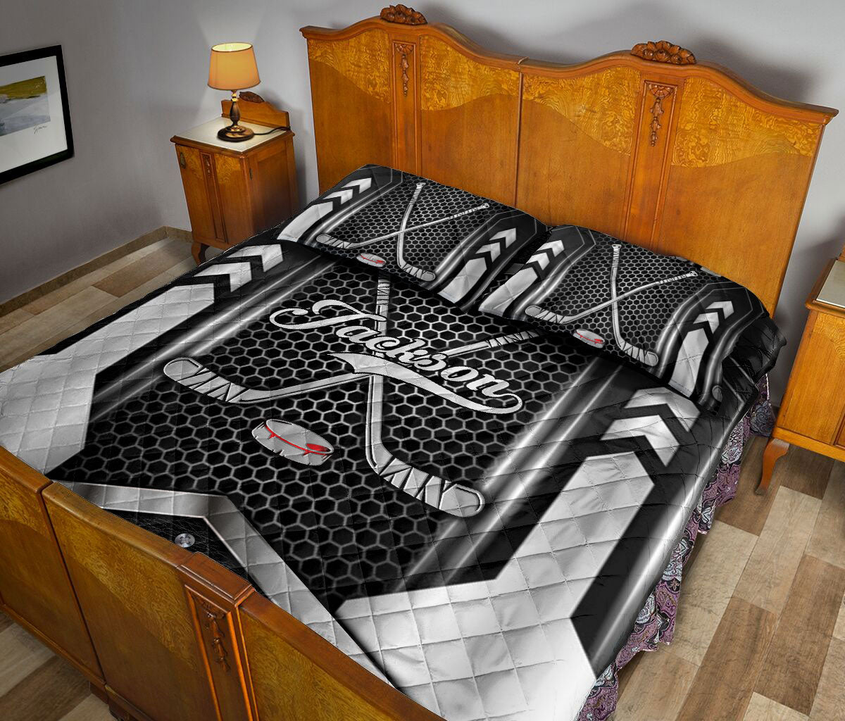 Ohaprints-Quilt-Bed-Set-Pillowcase-Hockey-Ball-Gift-For-Sport-Lover-B&W-Pattern-Custom-Personalized-Name-Blanket-Bedspread-Bedding-690-Queen (80'' x 90'')