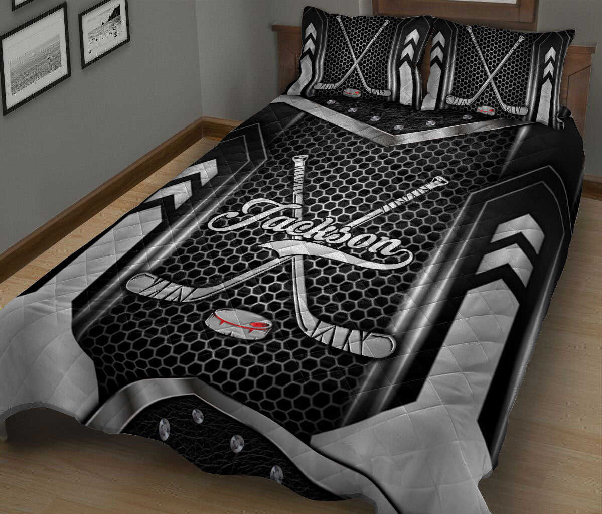 Ohaprints-Quilt-Bed-Set-Pillowcase-Hockey-Ball-Gift-For-Sport-Lover-B&W-Pattern-Custom-Personalized-Name-Blanket-Bedspread-Bedding-690-King (90'' x 100'')