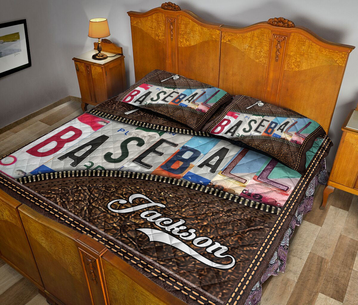 Ohaprints-Quilt-Bed-Set-Pillowcase-Baseball-Gift-For-Sport-Lover-Vintage-Brown-Pattern-Custom-Personalized-Name-Blanket-Bedspread-Bedding-1936-Queen (80'' x 90'')