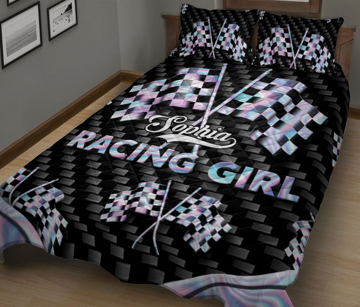 Ohaprints-Quilt-Bed-Set-Pillowcase-Racing-Girl-Checkered-Flag-Gift-For-Race-Fan-Custom-Personalized-Name-Blanket-Bedspread-Bedding-688-King (90'' x 100'')