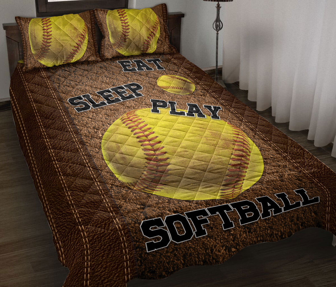 Ohaprints-Quilt-Bed-Set-Pillowcase-Eat-Sleep-Play-Softball-Yellow-Ball-Brown-Pattern-Gift-For-Sports-Lover-Blanket-Bedspread-Bedding-770-Throw (55'' x 60'')