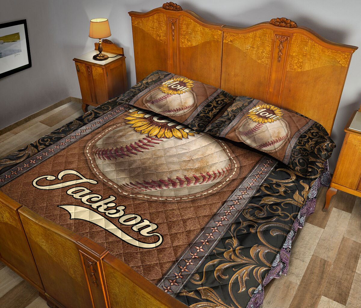 Ohaprints-Quilt-Bed-Set-Pillowcase-Softball-Mom-Sports-Ball-Sunflower-Brown-Pattern-Custom-Personalized-Name-Blanket-Bedspread-Bedding-1937-Queen (80'' x 90'')