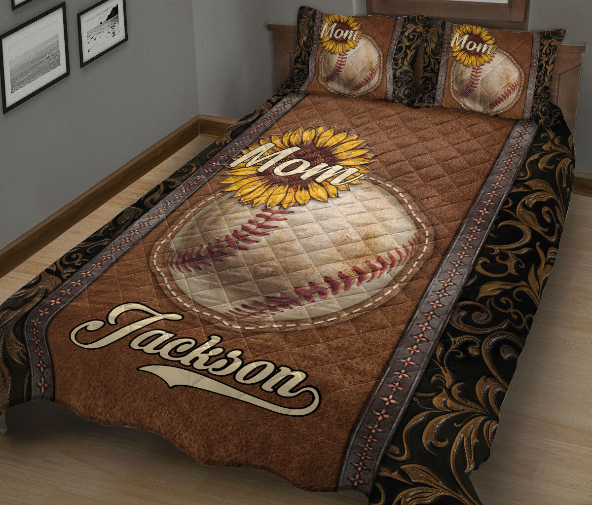 Ohaprints-Quilt-Bed-Set-Pillowcase-Softball-Mom-Sports-Ball-Sunflower-Brown-Pattern-Custom-Personalized-Name-Blanket-Bedspread-Bedding-1937-King (90'' x 100'')