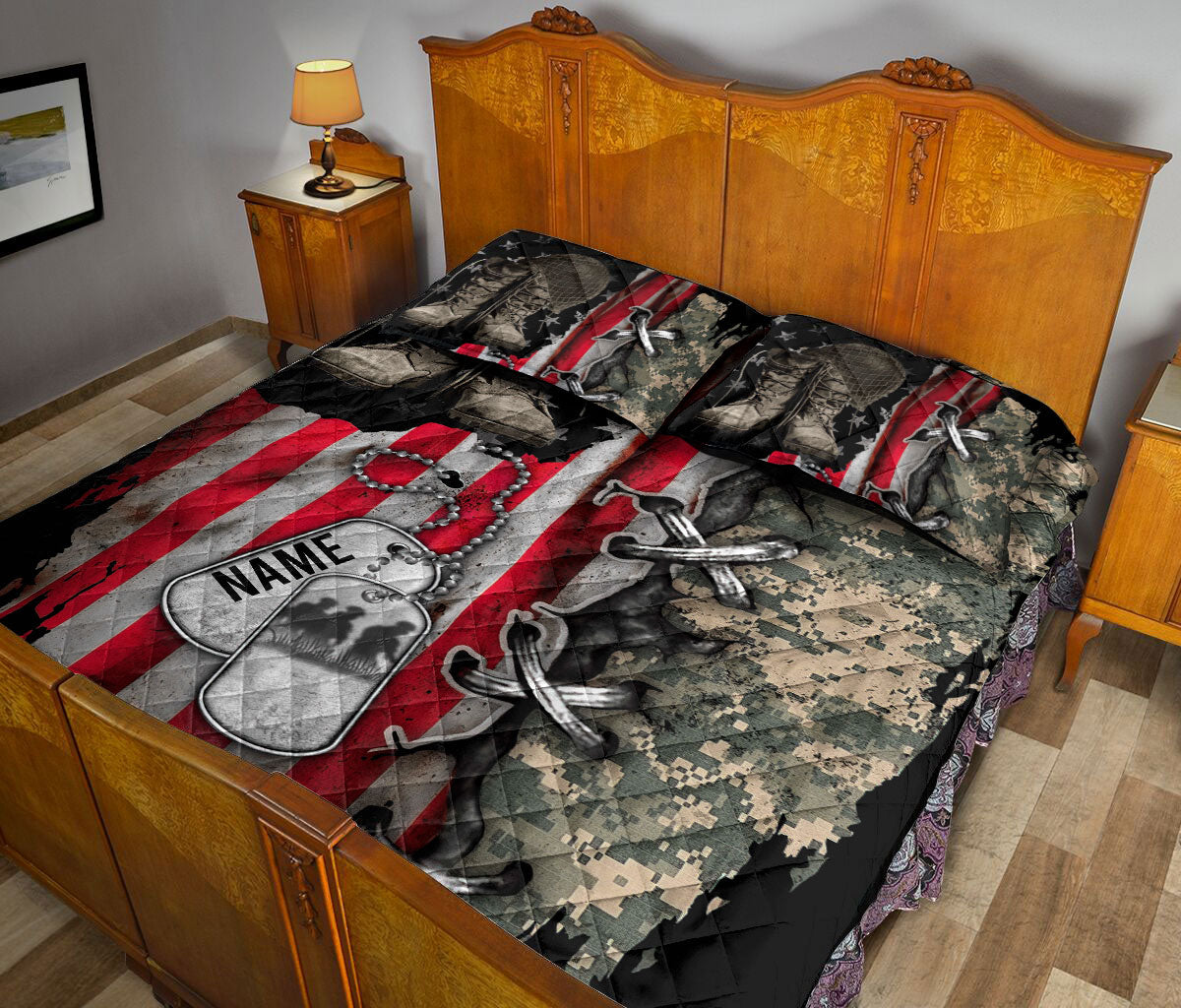 Ohaprints-Quilt-Bed-Set-Pillowcase-Veteran-Boots-&-Hat-Soldier-Backpack-Boost-Army-Gift-Custom-Personalized-Name-Blanket-Bedspread-Bedding-1096-King (90'' x 100'')