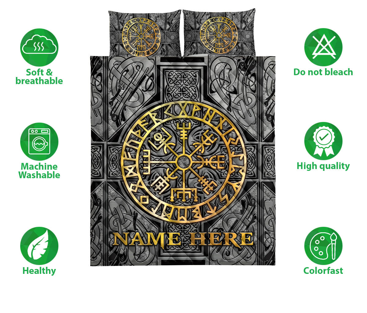 Ohaprints-Quilt-Bed-Set-Pillowcase-Viking-Celtic-Compass-Vegvisir-Circle-Norse-Runes-Custom-Personalized-Name-Blanket-Bedspread-Bedding-3314-Double (70'' x 80'')