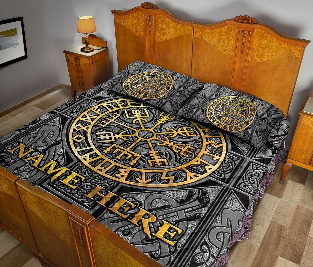 Ohaprints-Quilt-Bed-Set-Pillowcase-Viking-Celtic-Compass-Vegvisir-Circle-Norse-Runes-Custom-Personalized-Name-Blanket-Bedspread-Bedding-3314-King (90'' x 100'')