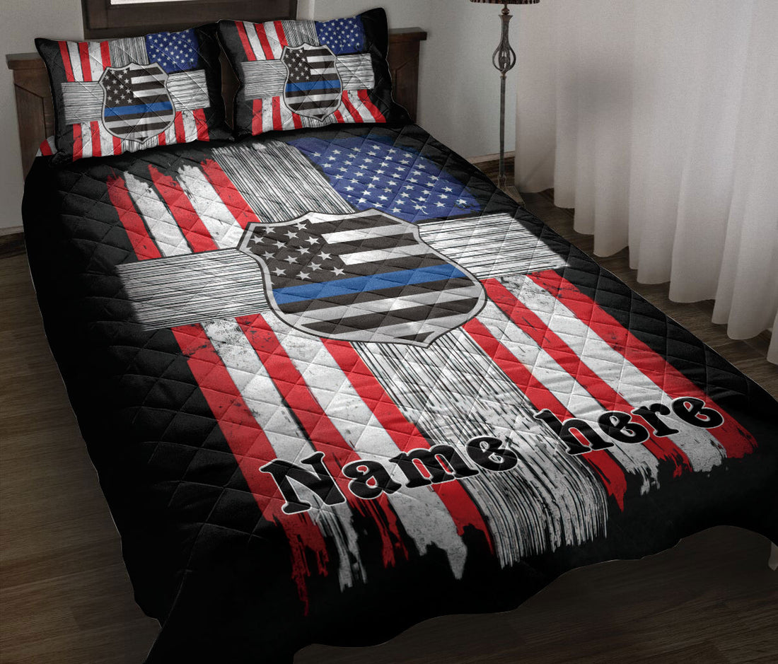 Ohaprints-Quilt-Bed-Set-Pillowcase-Proud-Police-Cross-Thin-Blue-Line-American-Us-Flag-Custom-Personalized-Name-Blanket-Bedspread-Bedding-2859-Throw (55'' x 60'')