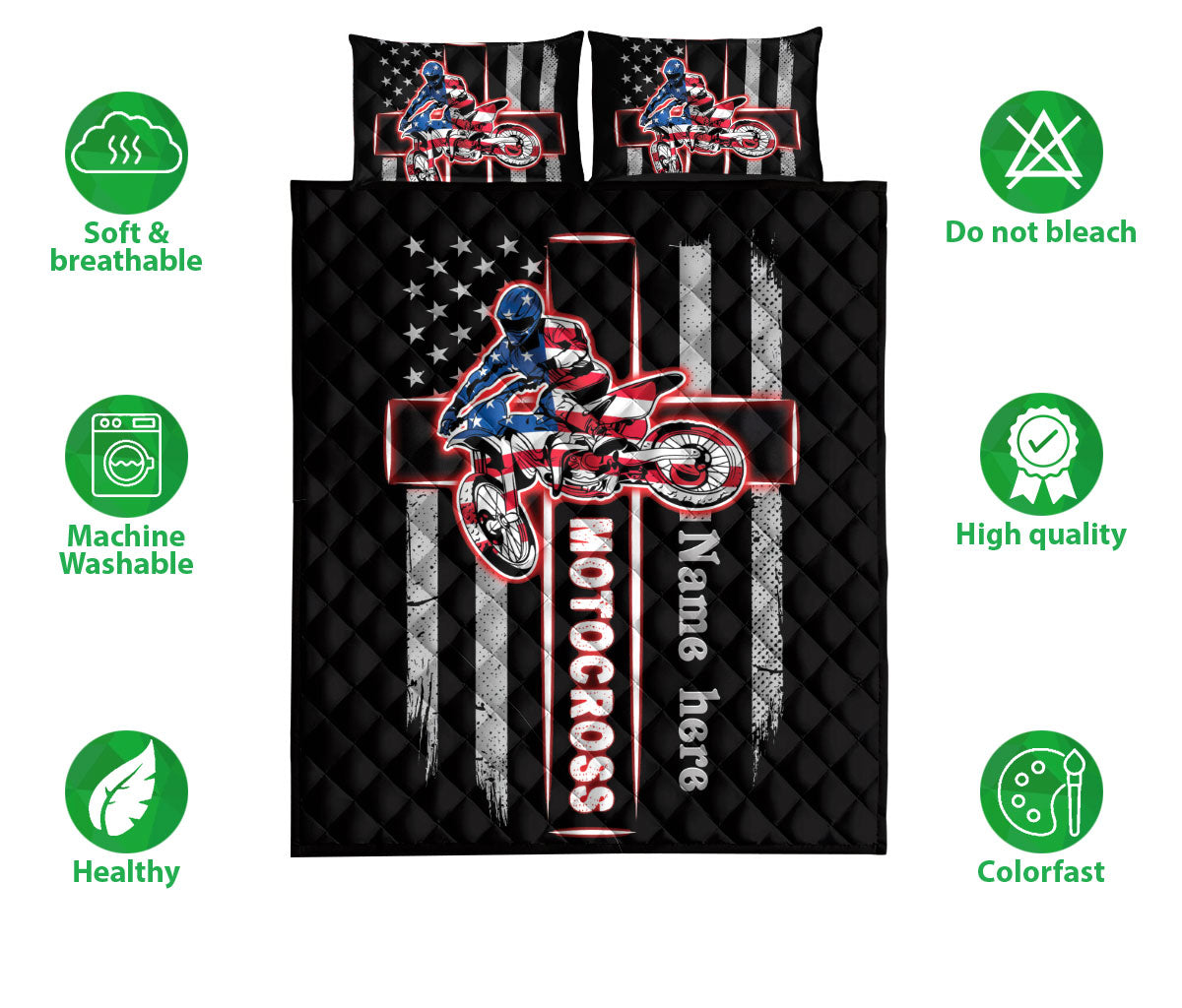 Ohaprints-Quilt-Bed-Set-Pillowcase-Motocross-Lover-Christian-Jesus-Cross-American-Flag-Custom-Personalized-Name-Blanket-Bedspread-Bedding-508-Double (70'' x 80'')