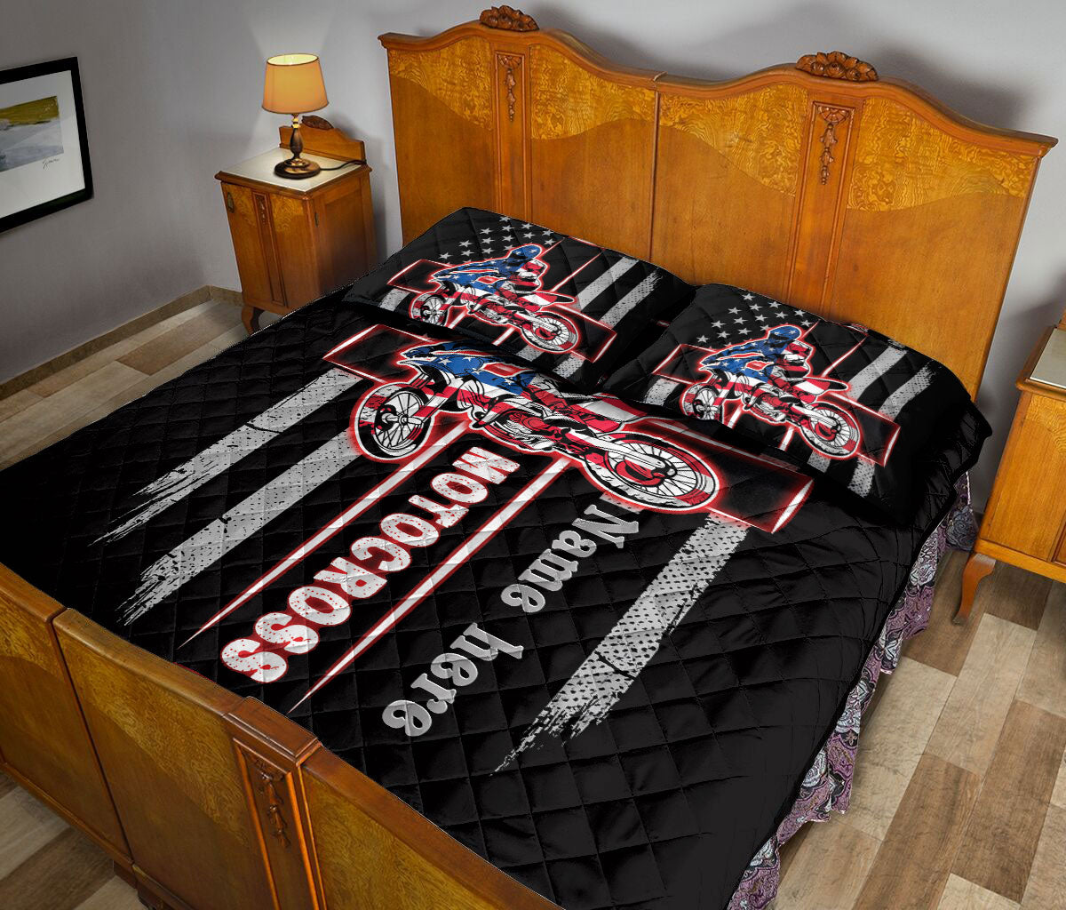 Ohaprints-Quilt-Bed-Set-Pillowcase-Motocross-Lover-Christian-Jesus-Cross-American-Flag-Custom-Personalized-Name-Blanket-Bedspread-Bedding-508-King (90'' x 100'')