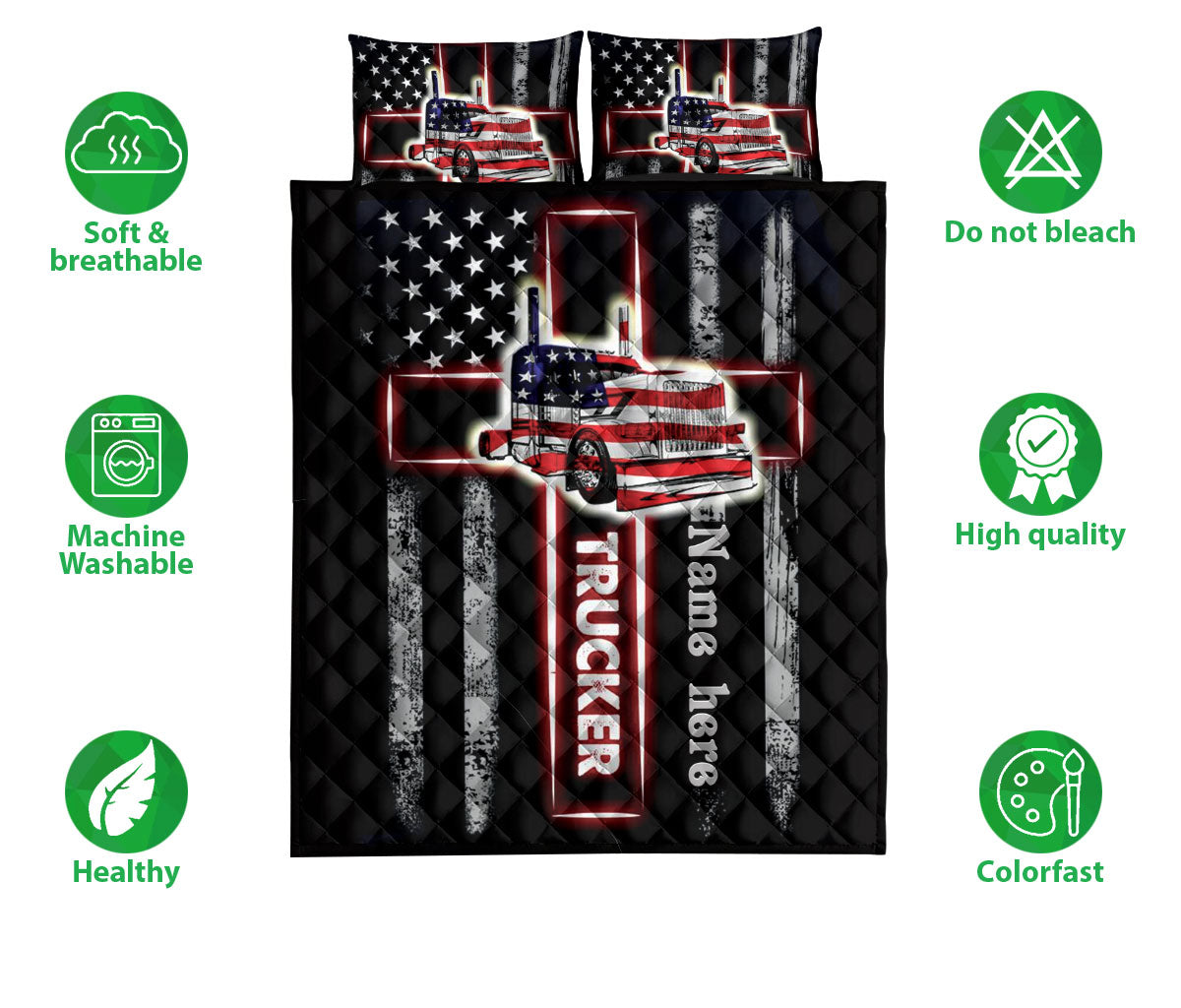 Ohaprints-Quilt-Bed-Set-Pillowcase-Trucker-Truck-Driver-Christian-Jesus-Cross-Us-Flag-Custom-Personalized-Name-Blanket-Bedspread-Bedding-1680-Double (70'' x 80'')