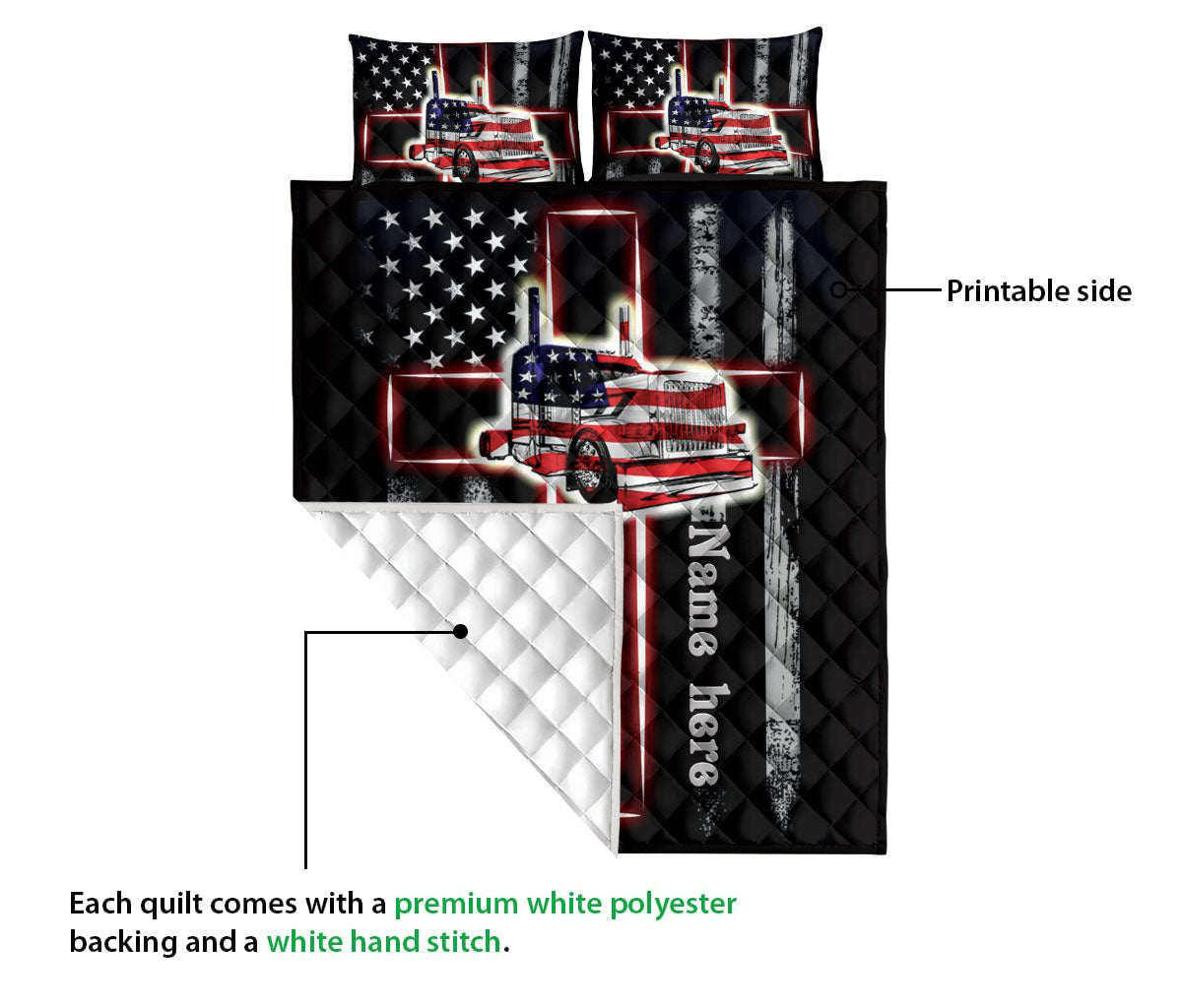 Ohaprints-Quilt-Bed-Set-Pillowcase-Trucker-Truck-Driver-Christian-Jesus-Cross-Us-Flag-Custom-Personalized-Name-Blanket-Bedspread-Bedding-1680-Queen (80'' x 90'')