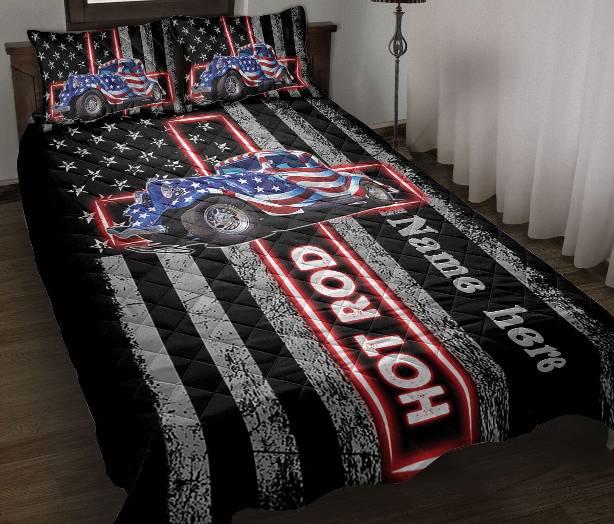 Ohaprints-Quilt-Bed-Set-Pillowcase-Hot-Rod-Lover-Christian-Jesus-Cross-American-Us-Flag-Custom-Personalized-Name-Blanket-Bedspread-Bedding-2267-Throw (55'' x 60'')