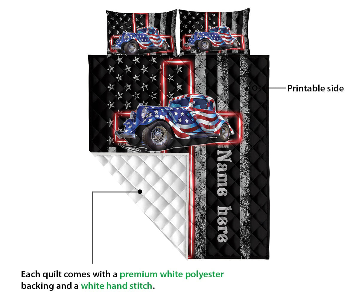 Ohaprints-Quilt-Bed-Set-Pillowcase-Hot-Rod-Lover-Christian-Jesus-Cross-American-Us-Flag-Custom-Personalized-Name-Blanket-Bedspread-Bedding-2267-Queen (80'' x 90'')