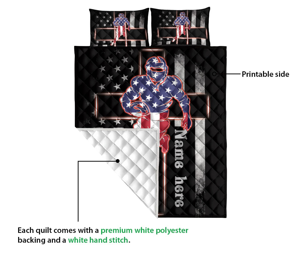 Ohaprints-Quilt-Bed-Set-Pillowcase-Football-Player-Christian-Jesus-Cross-American-Flag-Custom-Personalized-Name-Blanket-Bedspread-Bedding-2860-Queen (80'' x 90'')