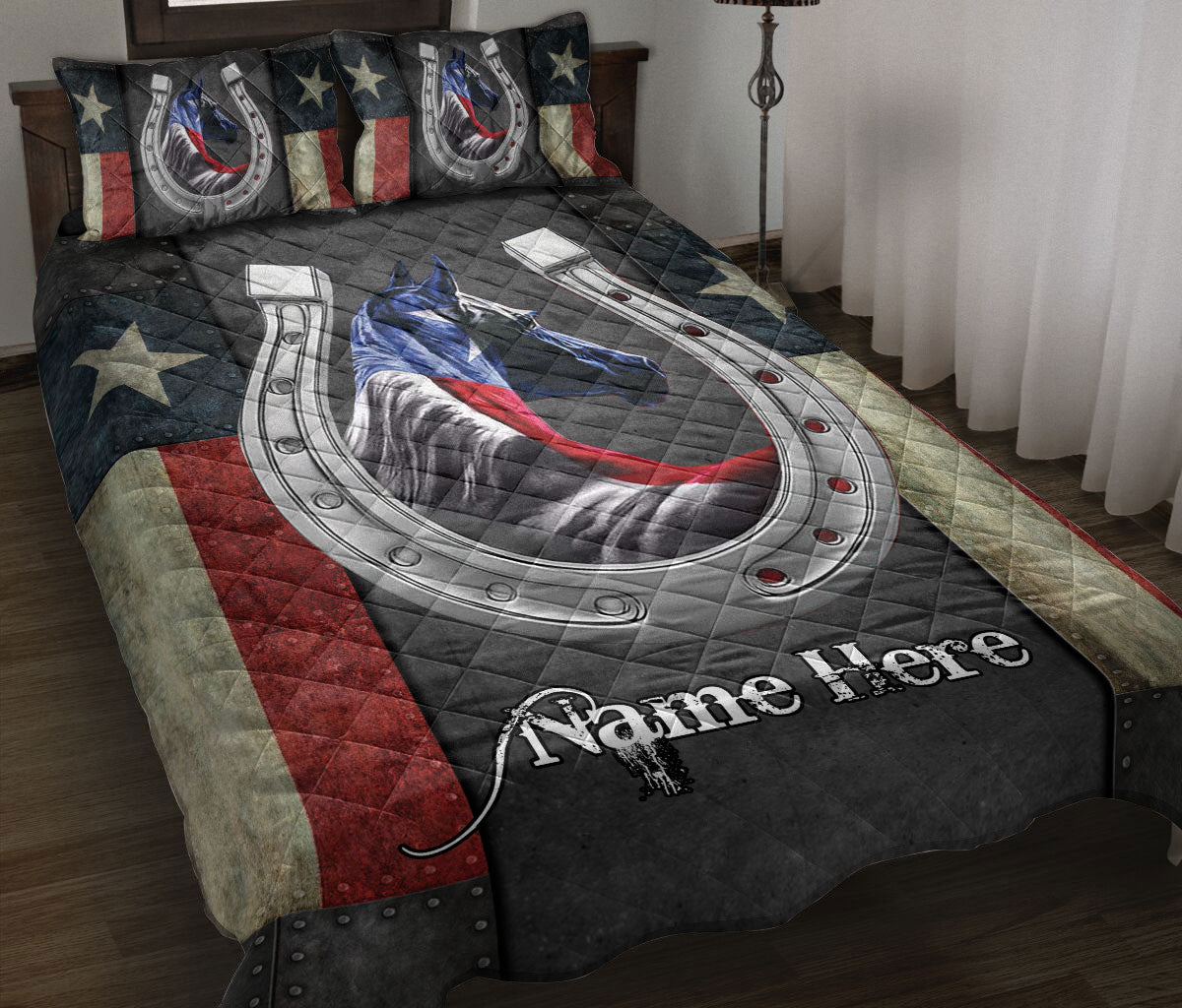 Ohaprints-Quilt-Bed-Set-Pillowcase-Texas-Flag-Horse-Lover-Horseshoe-Wild-West-Western-Custom-Personalized-Name-Blanket-Bedspread-Bedding-1098-Throw (55'' x 60'')